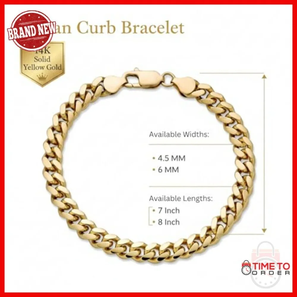 14K Solid Gold Miami Cuban Curb Bracelet 4.5mm-6.0mm Unisex Luxury